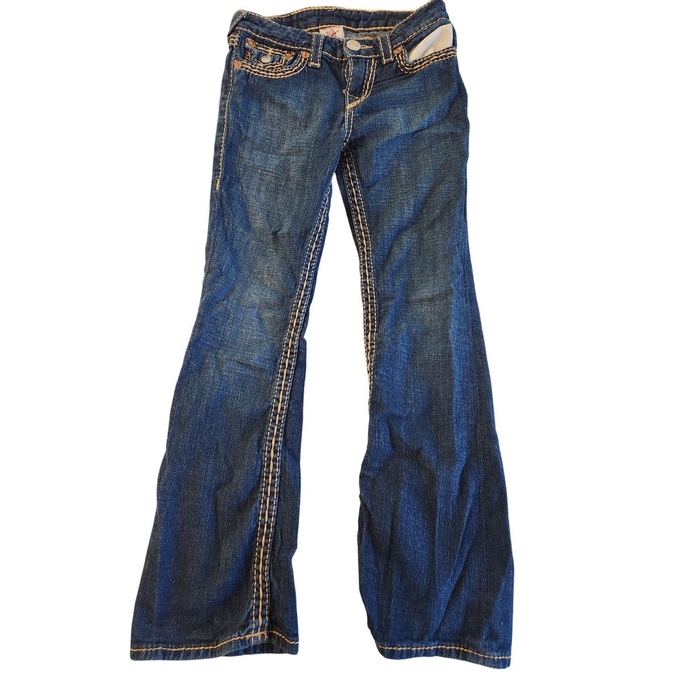 True Religion Joey Jeans Girls 8 Blue Bootcut Denim Adjustable Waist Embroidered